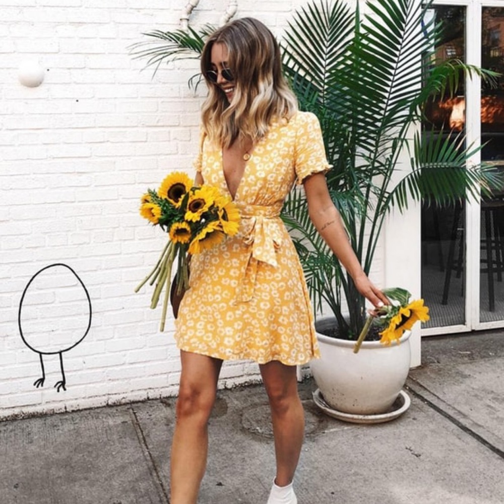 Lulus Garden Explorer Mustard Yellow Floral Print Dress (XXS)